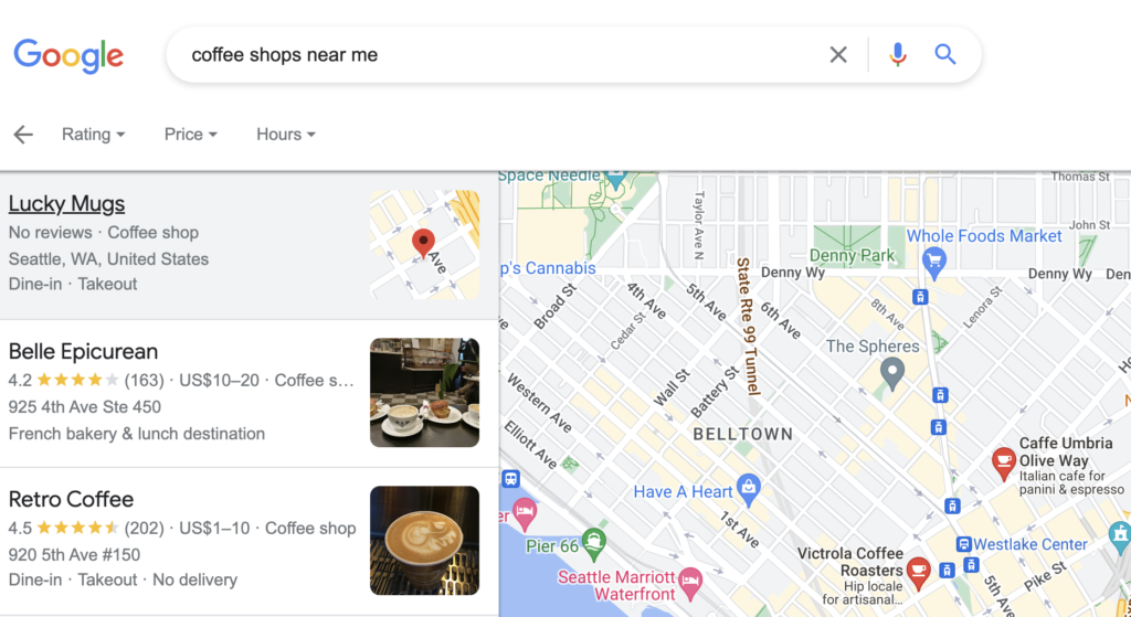 Smartphone screen displaying a "coffee shop near me" search in local map results